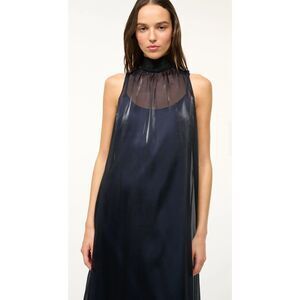 Staud Women's Midnight Navy Sheer Overlay Sleeveless Albee Dress Large Elegant
